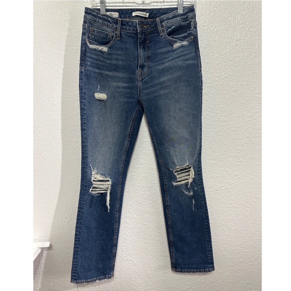 Vigoss Ace Straight Leg Distressed Destroyed High Rise Jeans Medium Wash Blue